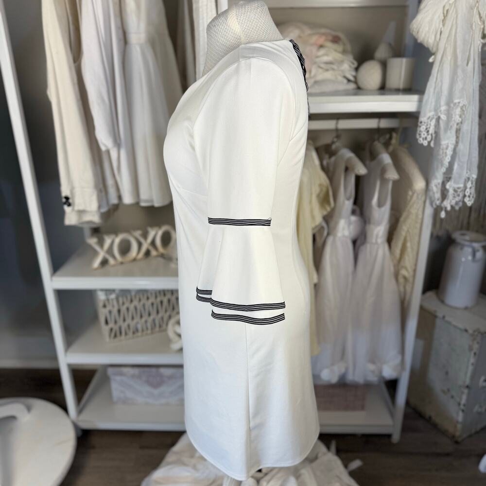 Sharagano Women's Size 12 Cream Gray Trimmed Bell Sleeve Shift Dress  3621 - Picture 6 of 9